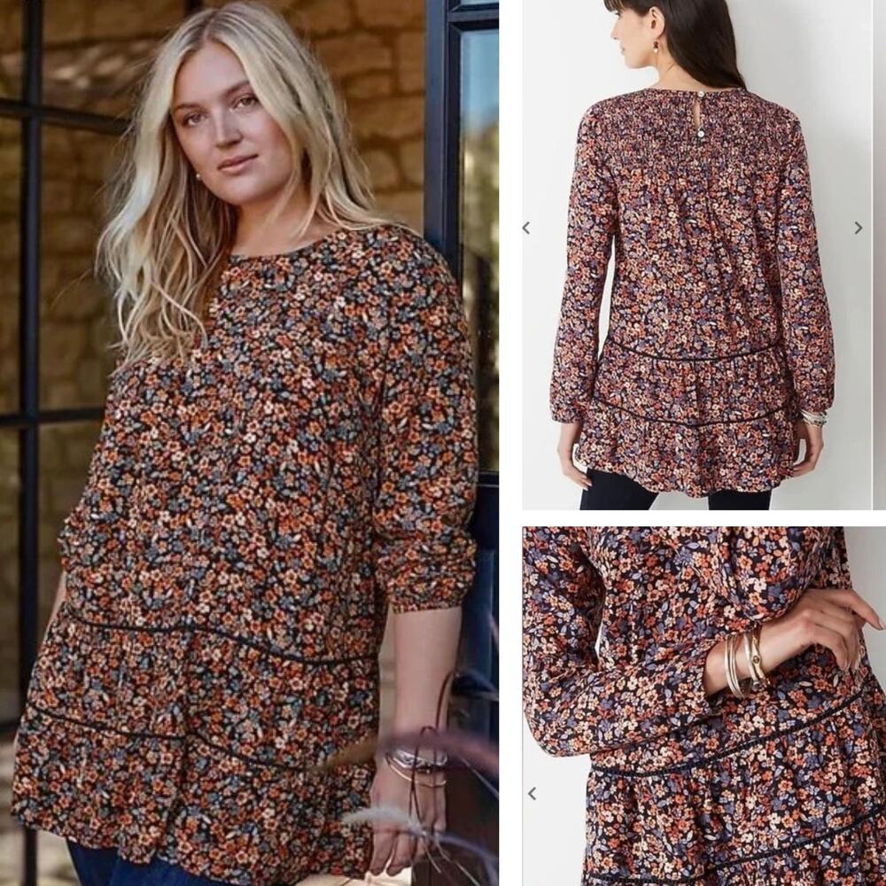 J.JILL Floral Printed Tiered Tunic Size XS Navy Blue Exuberant Floral